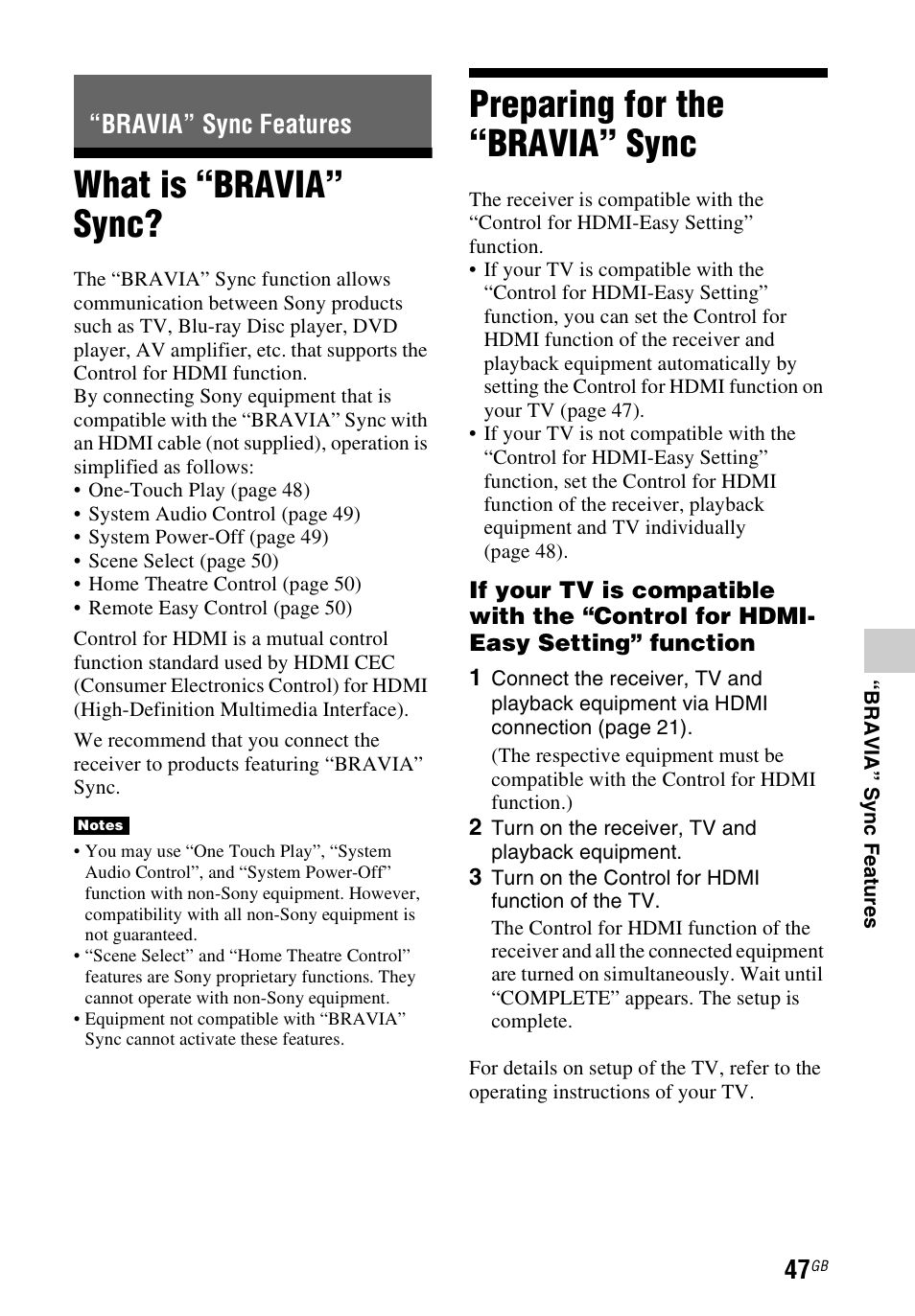 Bravia” sync features, What is “bravia” sync, Preparing for the “bravia” sync | What is “bravia” sync? preparing for the “bravia, Sync | Sony STR-DH540 User Manual | Page 47 / 80