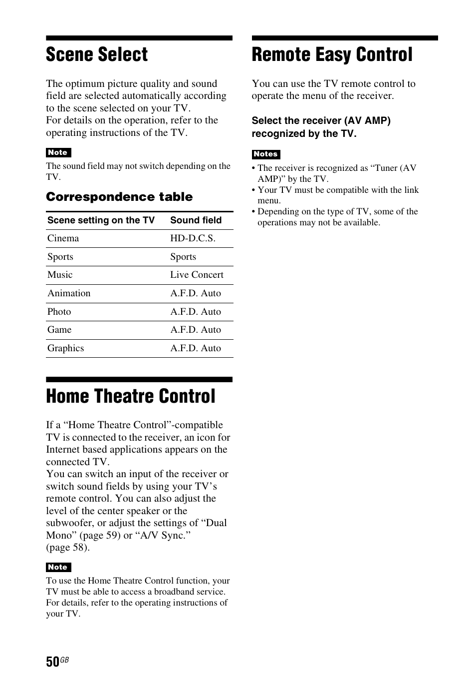 Scene select, Home theatre control, Remote easy control | Sony STR-DH540 User Manual | Page 50 / 80