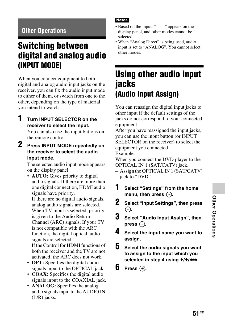 Other operations, Using other audio input jacks (audio input assign), Switching between digital and | Analog audio (input mode), Using other audio input jacks, Audio input assign), Switching between digital and analog audio, Input mode) | Sony STR-DH540 User Manual | Page 51 / 80