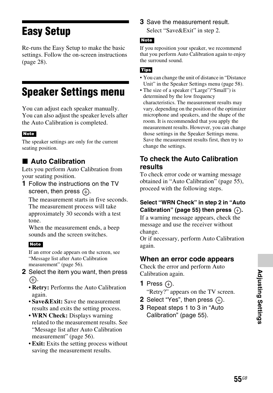 Easy setup, Speaker settings menu, Easy setup speaker settings menu | Sony STR-DH540 User Manual | Page 55 / 80