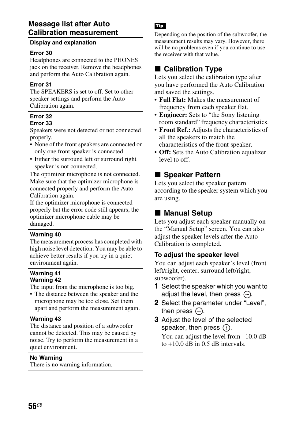 Message list after auto calibration measurement, X calibration type, X speaker pattern | X manual setup | Sony STR-DH540 User Manual | Page 56 / 80