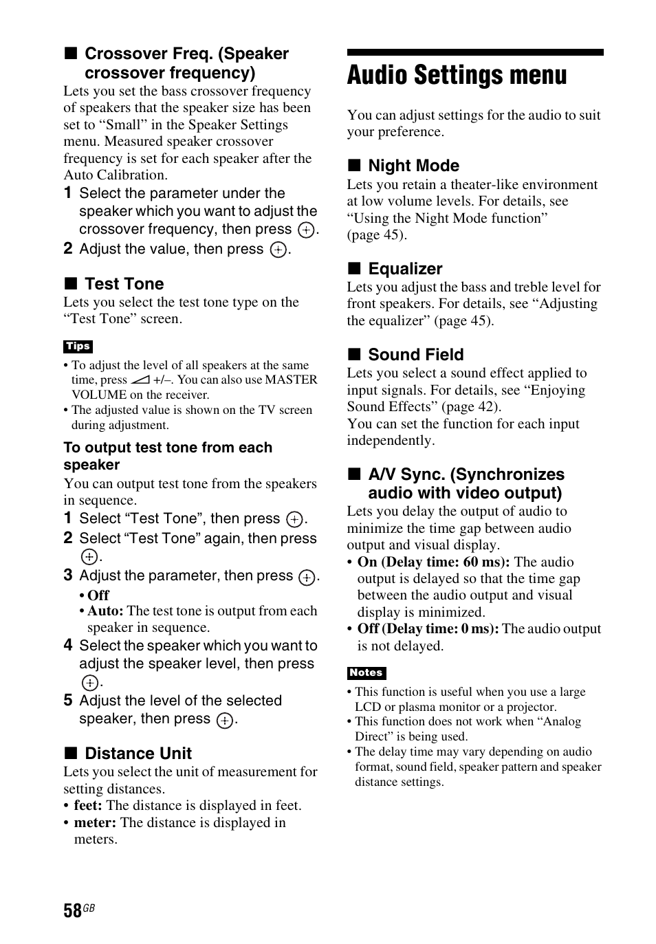 Audio settings menu | Sony STR-DH540 User Manual | Page 58 / 80