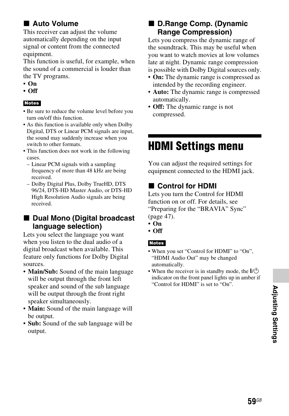 Hdmi settings menu, X auto volume, X dual mono (digital broadcast language selection) | X d.range comp. (dynamic range compression), X control for hdmi | Sony STR-DH540 User Manual | Page 59 / 80