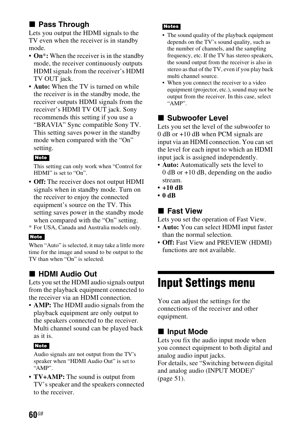 Input settings menu, X pass through, X hdmi audio out | X subwoofer level, X fast view, X input mode | Sony STR-DH540 User Manual | Page 60 / 80