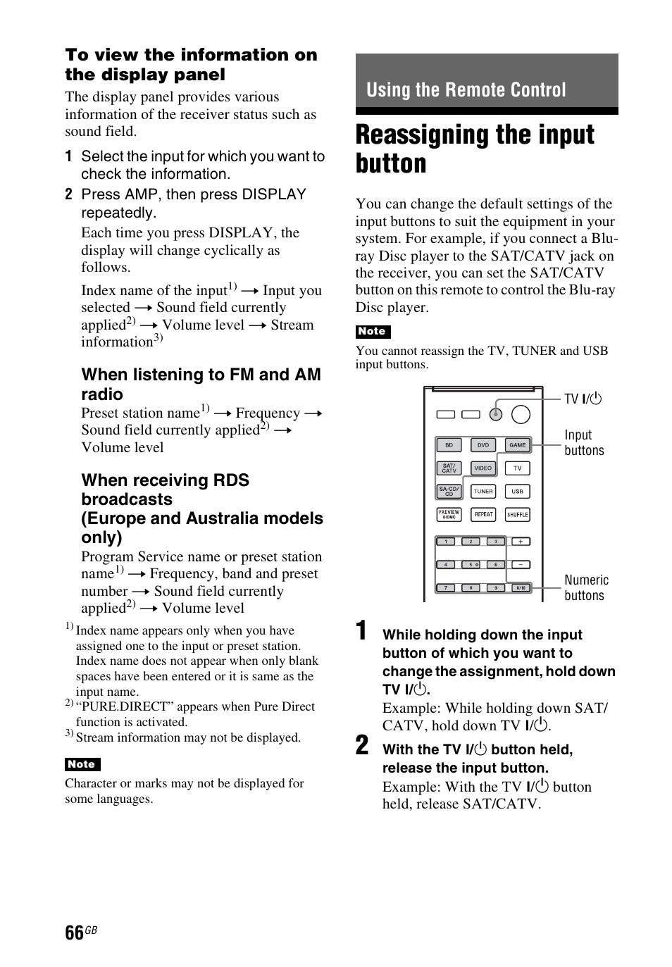 Using the remote control, Reassigning the input button, When listening to fm and am radio | Sony STR-DH540 User Manual | Page 66 / 80