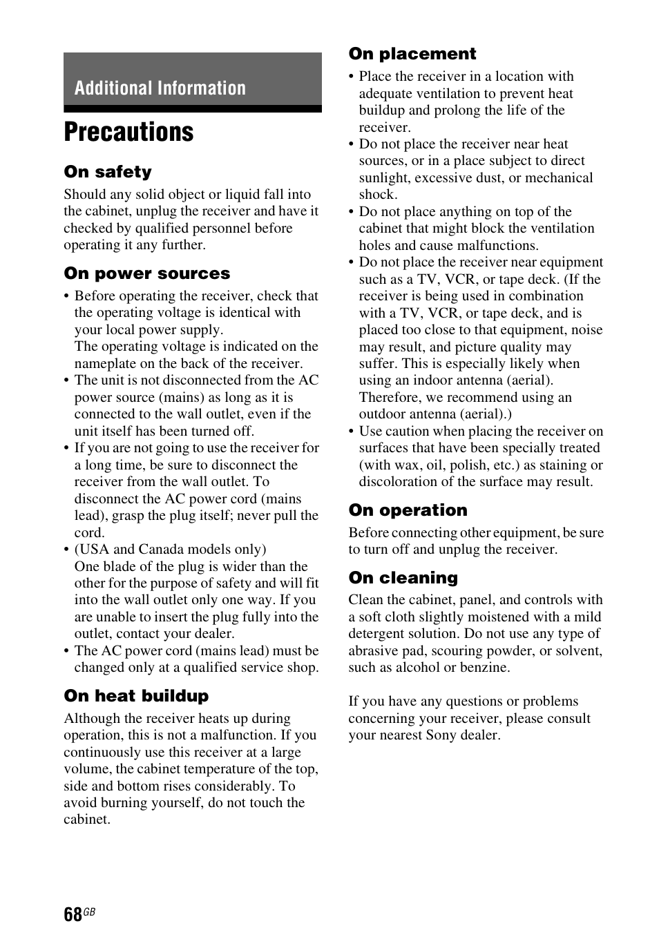 Additional information, Precautions | Sony STR-DH540 User Manual | Page 68 / 80