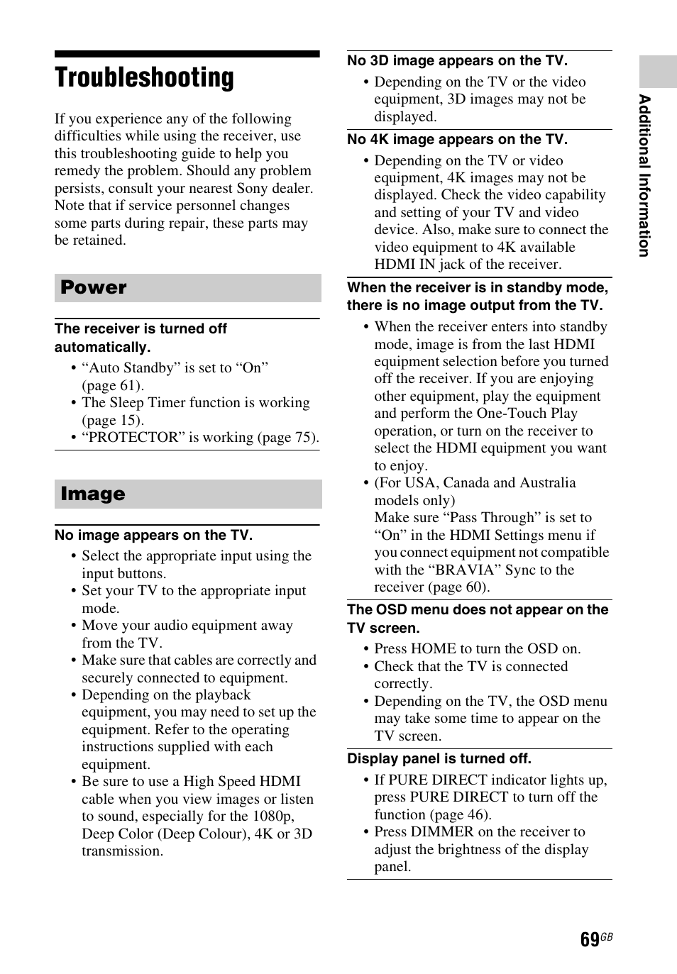 Troubleshooting, Power image | Sony STR-DH540 User Manual | Page 69 / 80