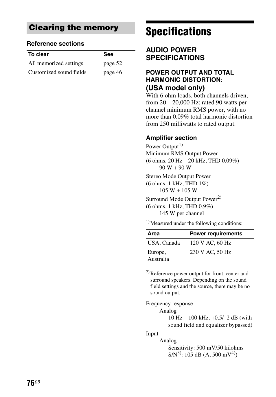 Specifications, Audio power specifications, Usa model only) | Sony STR-DH540 User Manual | Page 76 / 80