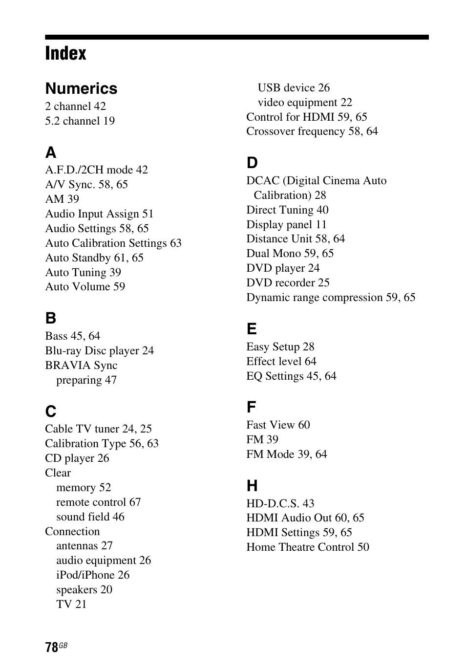 Index, Numerics | Sony STR-DH540 User Manual | Page 78 / 80