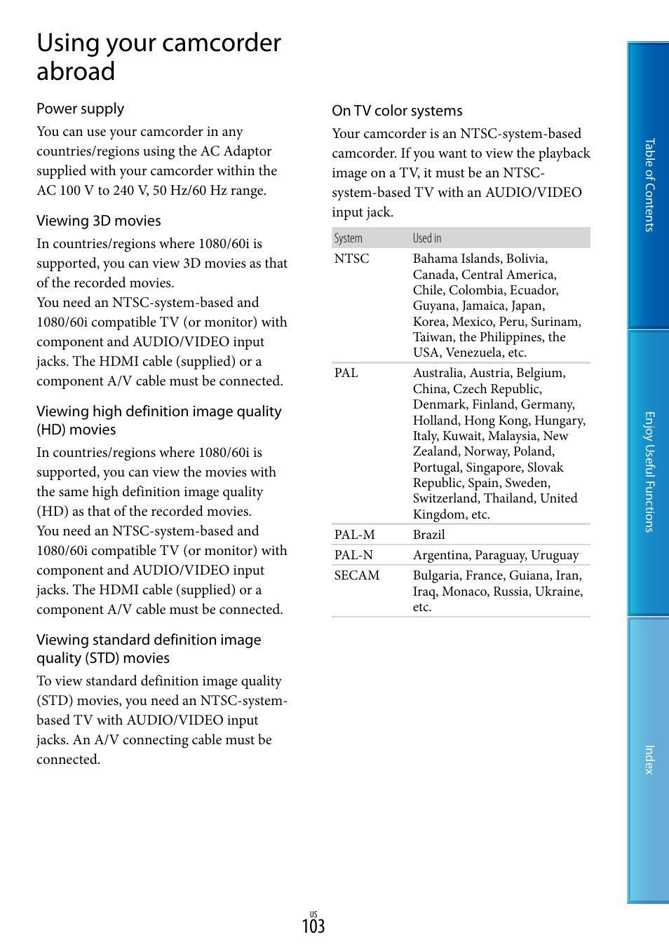 Using your camcorder abroad | Sony HDR-TD10 User Manual | Page 103 / 119