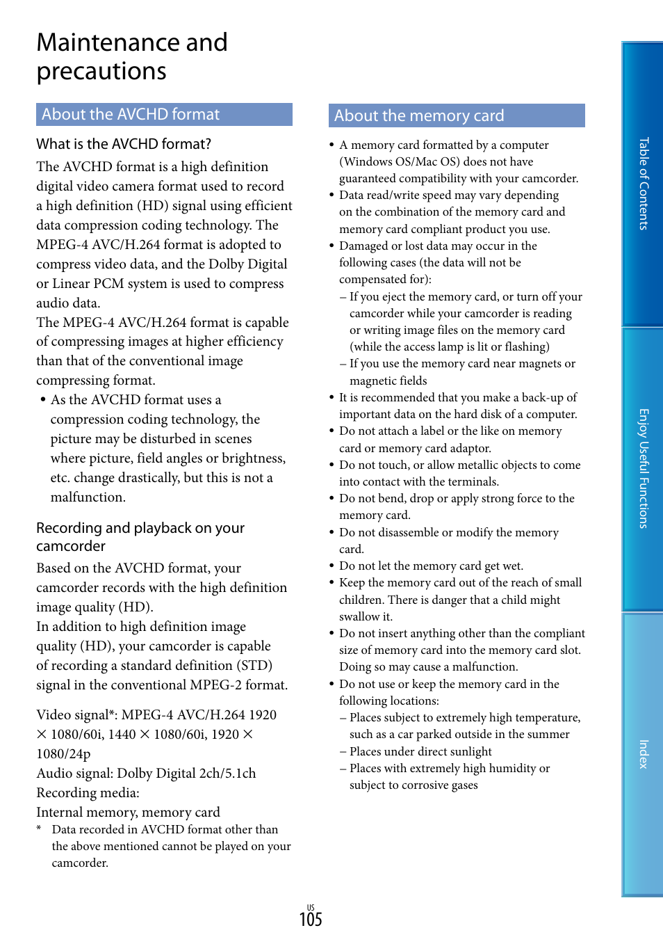 Maintenance and precautions, About the avchd format, About the memory card | About the avchd format about the memory card | Sony HDR-TD10 User Manual | Page 105 / 119