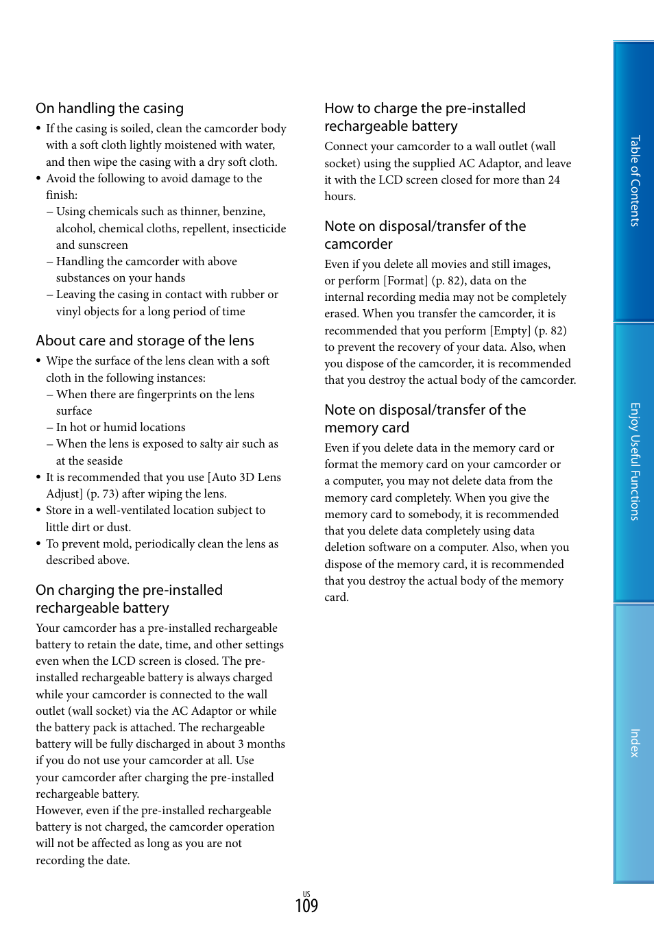 On handling the casing, About care and storage of the lens, On charging the pre-installed rechargeable battery | Sony HDR-TD10 User Manual | Page 109 / 119