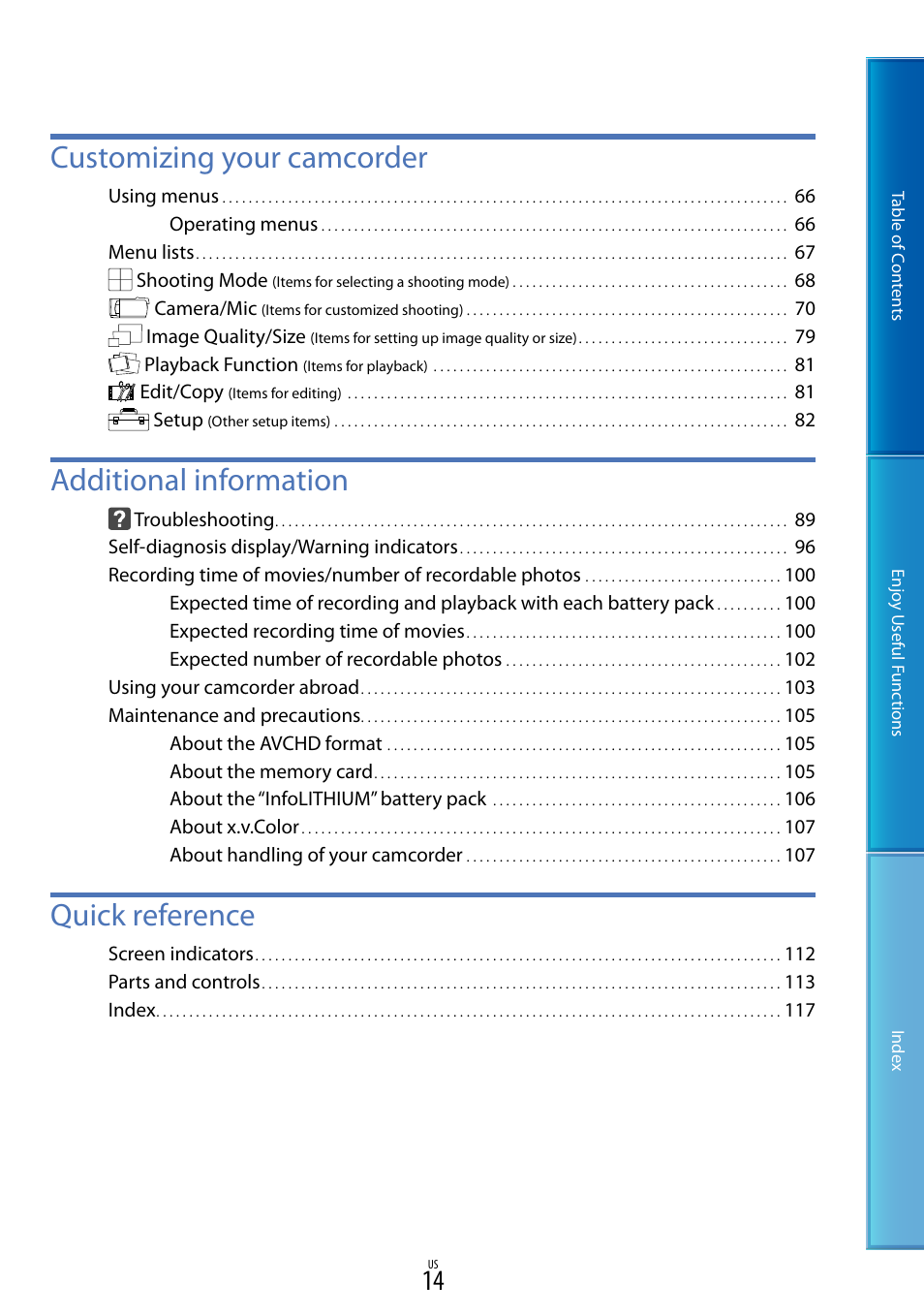 Customizing your camcorder, Additional information, Quick reference | Sony HDR-TD10 User Manual | Page 14 / 119