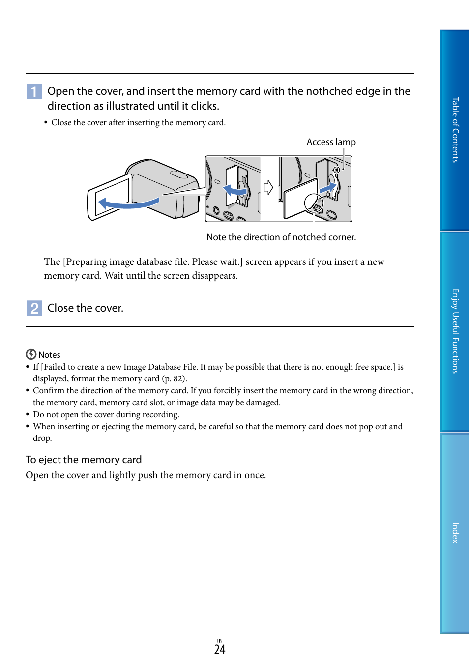 Close the cover | Sony HDR-TD10 User Manual | Page 24 / 119