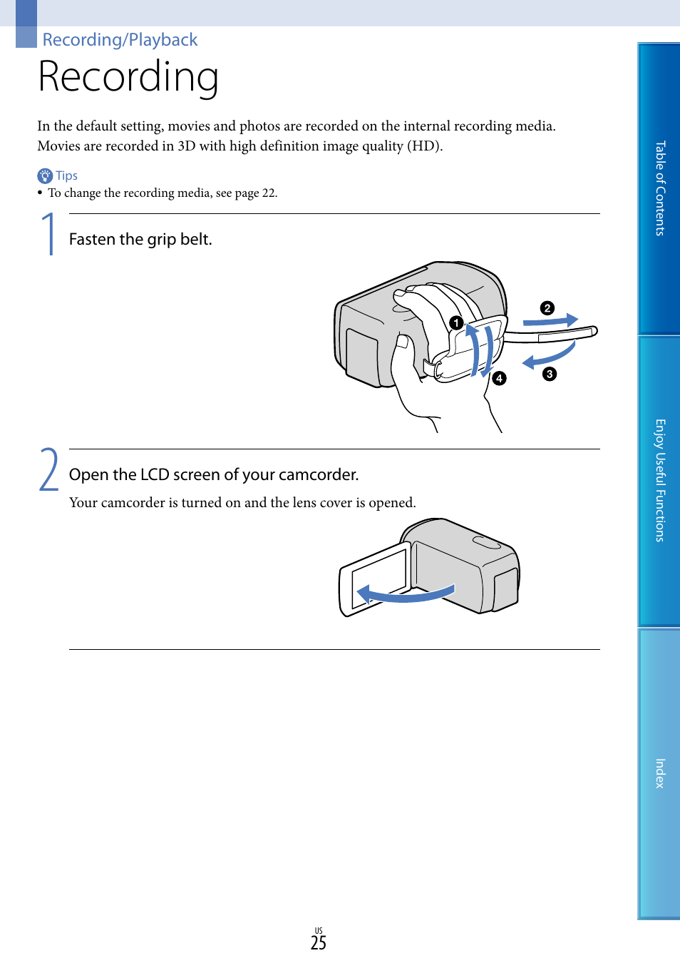 Recording/playback, Recording | Sony HDR-TD10 User Manual | Page 25 / 119