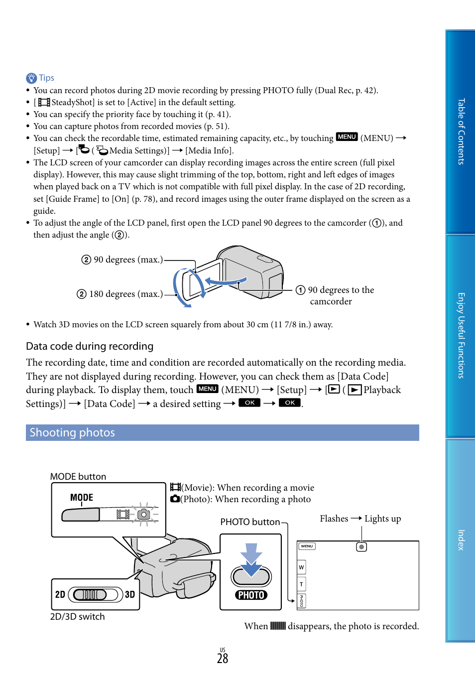 Shooting photos, Data code during recording | Sony HDR-TD10 User Manual | Page 28 / 119