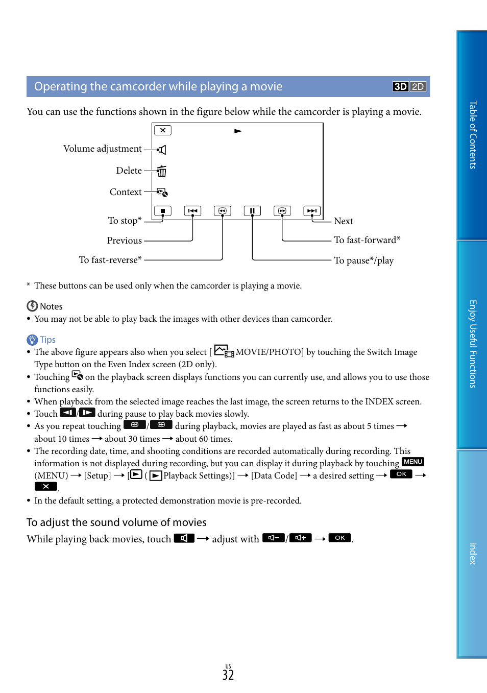 Operating the camcorder while playing a movie | Sony HDR-TD10 User Manual | Page 32 / 119