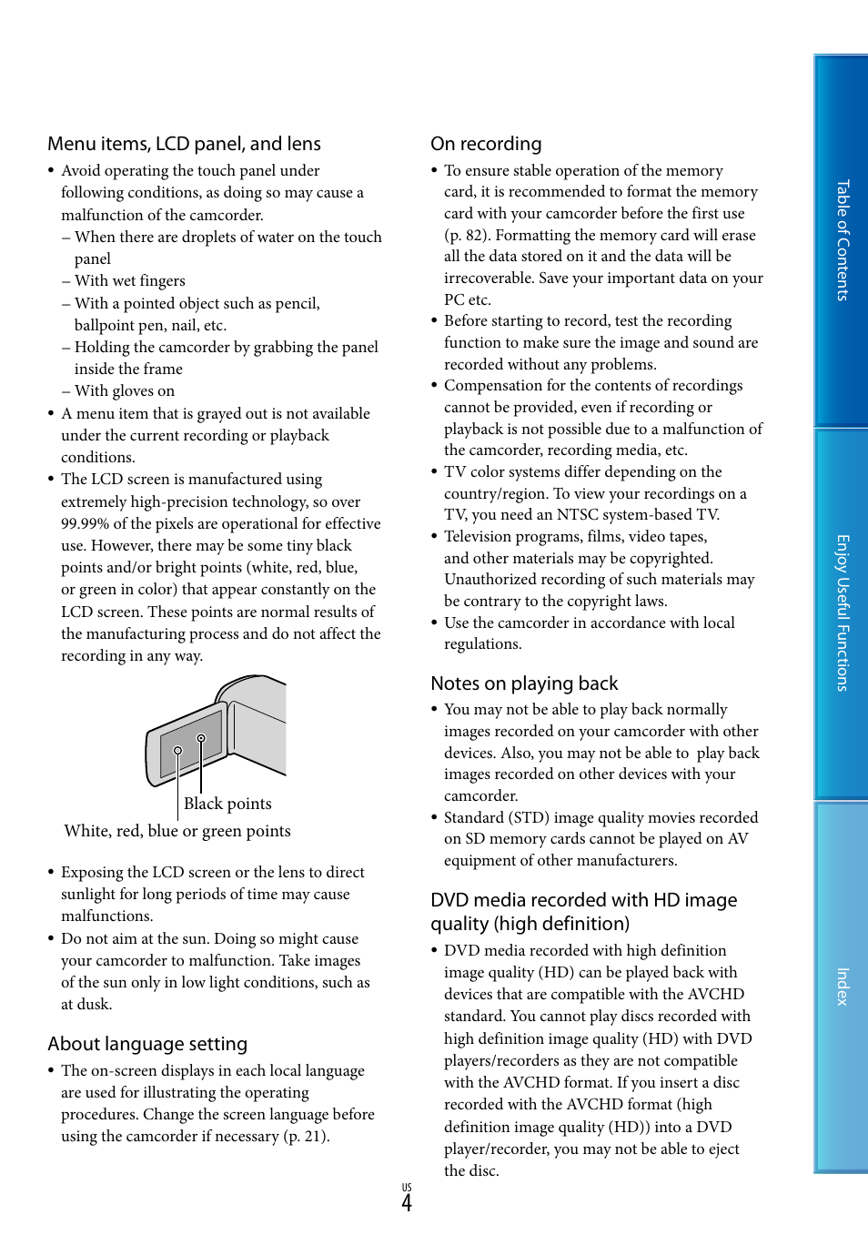 Menu items, lcd panel, and lens, About language setting, On recording | Sony HDR-TD10 User Manual | Page 4 / 119