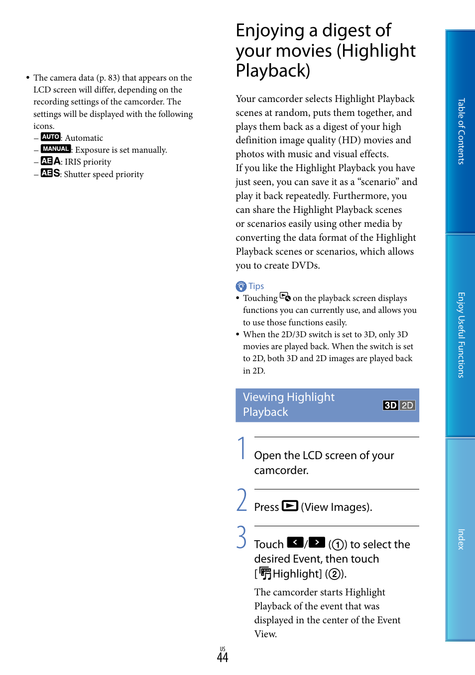 Viewing highlight playback, K (44) | Sony HDR-TD10 User Manual | Page 44 / 119
