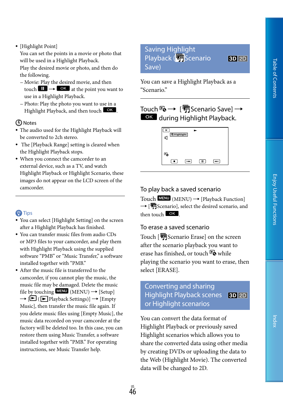 Saving highlight playback (scenario save), Saving highlight playback, Scenario save) | Highlight scenarios, Saving highlight playback ( scenario save) | Sony HDR-TD10 User Manual | Page 46 / 119