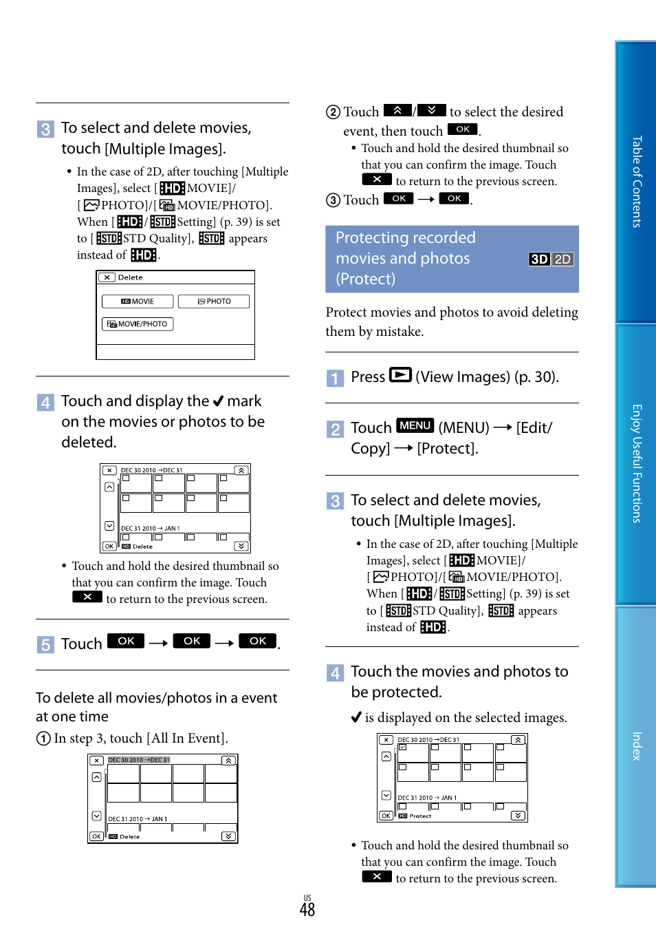 Protecting recorded movies and photos (protect) | Sony HDR-TD10 User Manual | Page 48 / 119