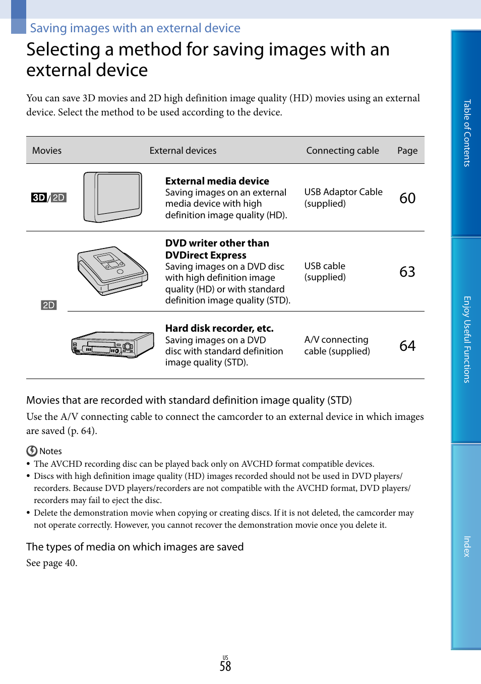 Saving images with an external device, E 58 | Sony HDR-TD10 User Manual | Page 58 / 119