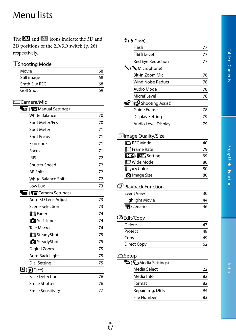 Menu lists | Sony HDR-TD10 User Manual | Page 67 / 119