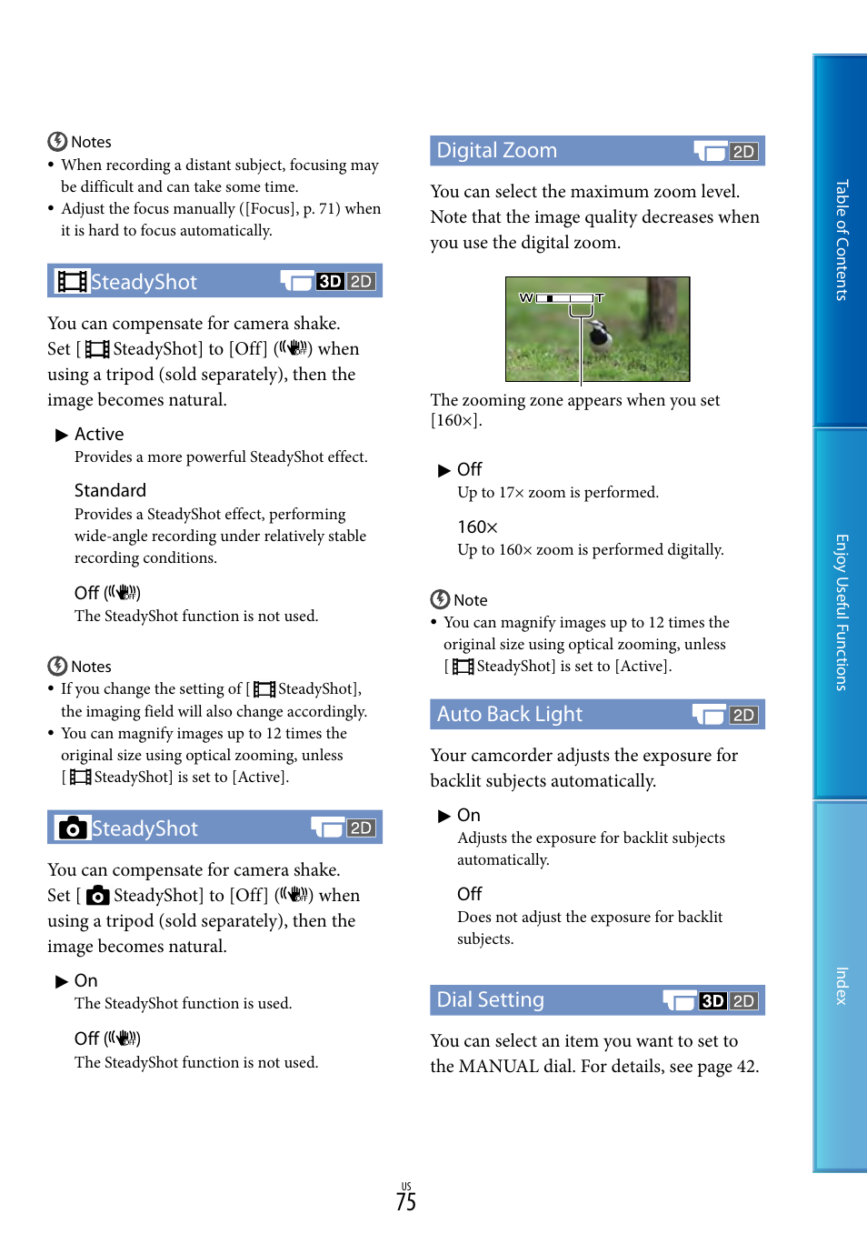Steadyshot, Digital zoom, Auto back light | Dial setting | Sony HDR-TD10 User Manual | Page 75 / 119