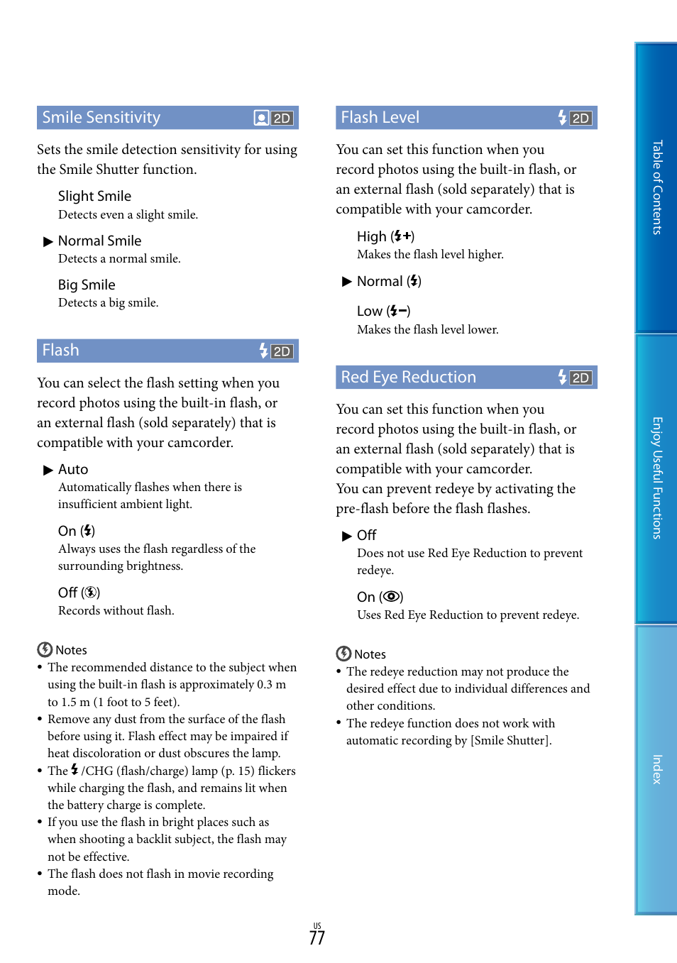 Smile sensitivity, Flash, Flash level | Red eye reduction | Sony HDR-TD10 User Manual | Page 77 / 119