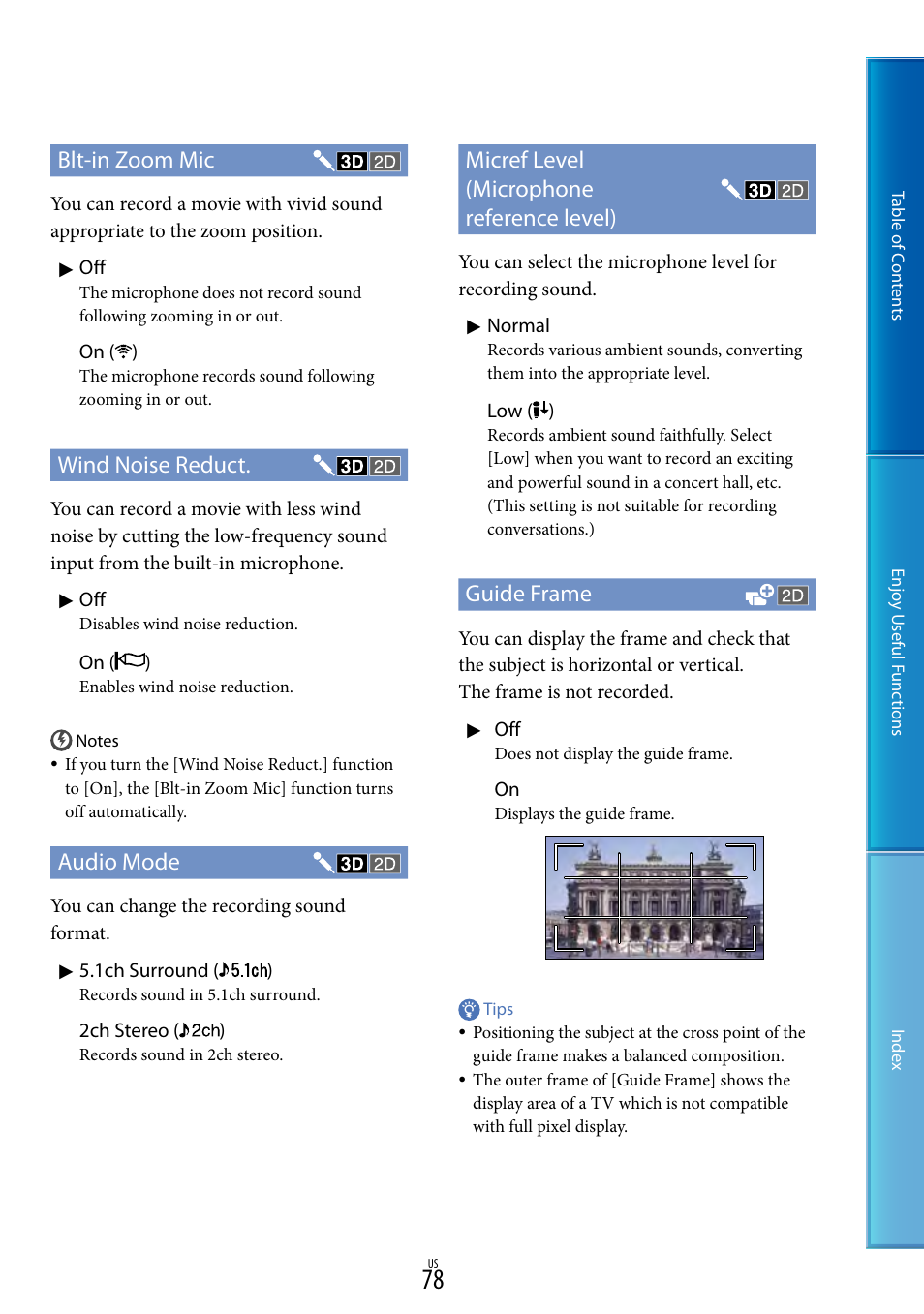 78), a, Blt-in zoom mic, Wind noise reduct | Audio mode, Micref level (microphone reference level), Guide frame | Sony HDR-TD10 User Manual | Page 78 / 119