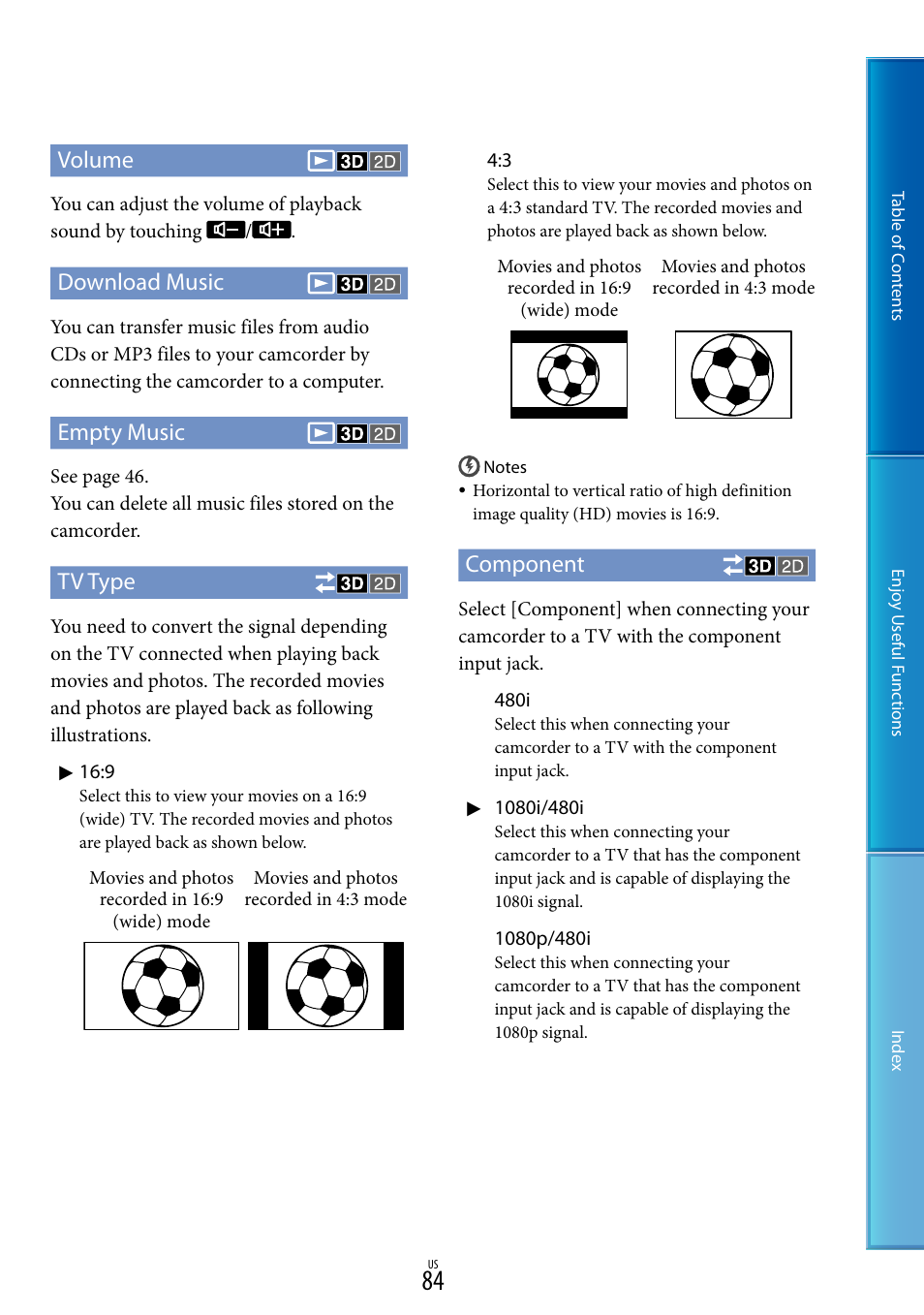 Volume, Download music, Empty music | Tv type, Component | Sony HDR-TD10 User Manual | Page 84 / 119