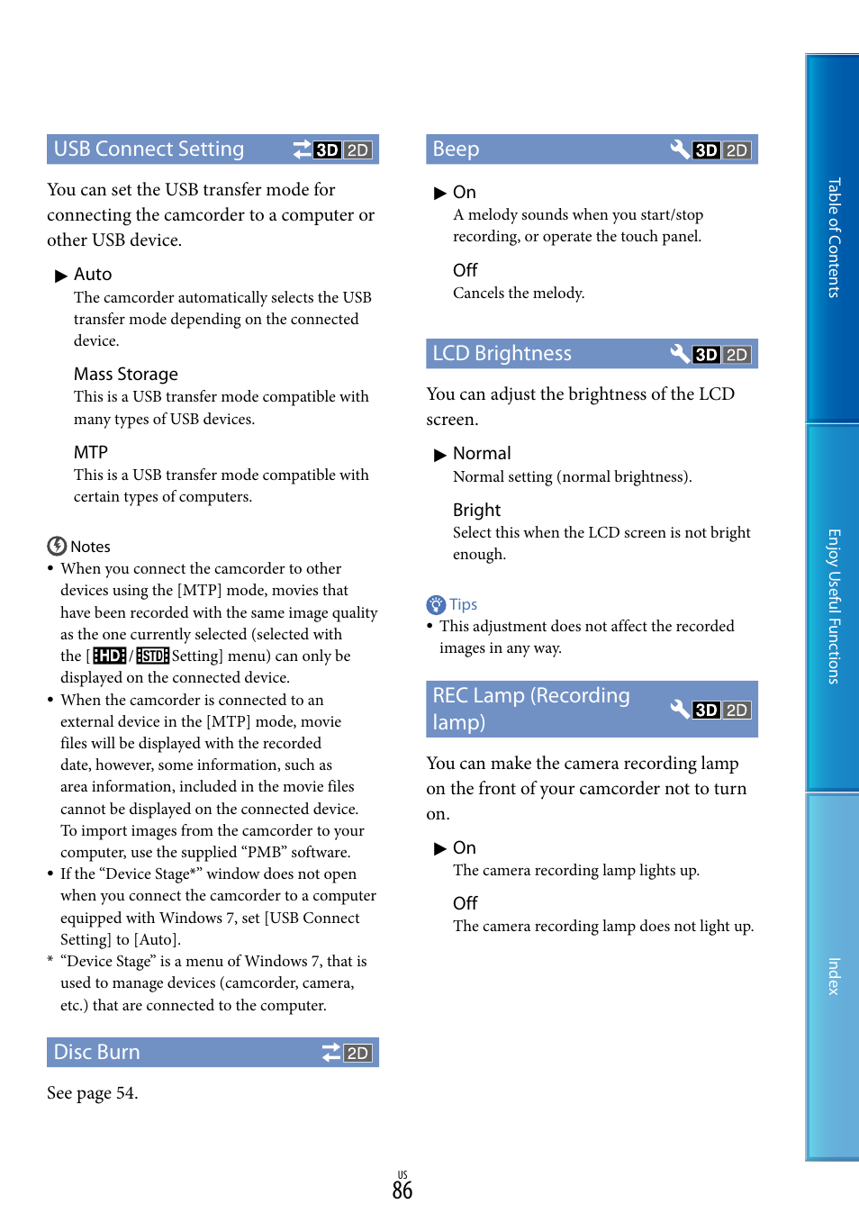 Usb connect setting, Disc burn, Beep | Lcd brightness, Rec lamp (recording lamp) | Sony HDR-TD10 User Manual | Page 86 / 119