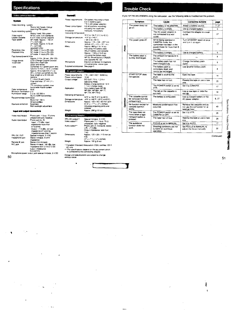 Specifications trouble check | Sony CCD-FX620 User Manual | Page 26 / 28