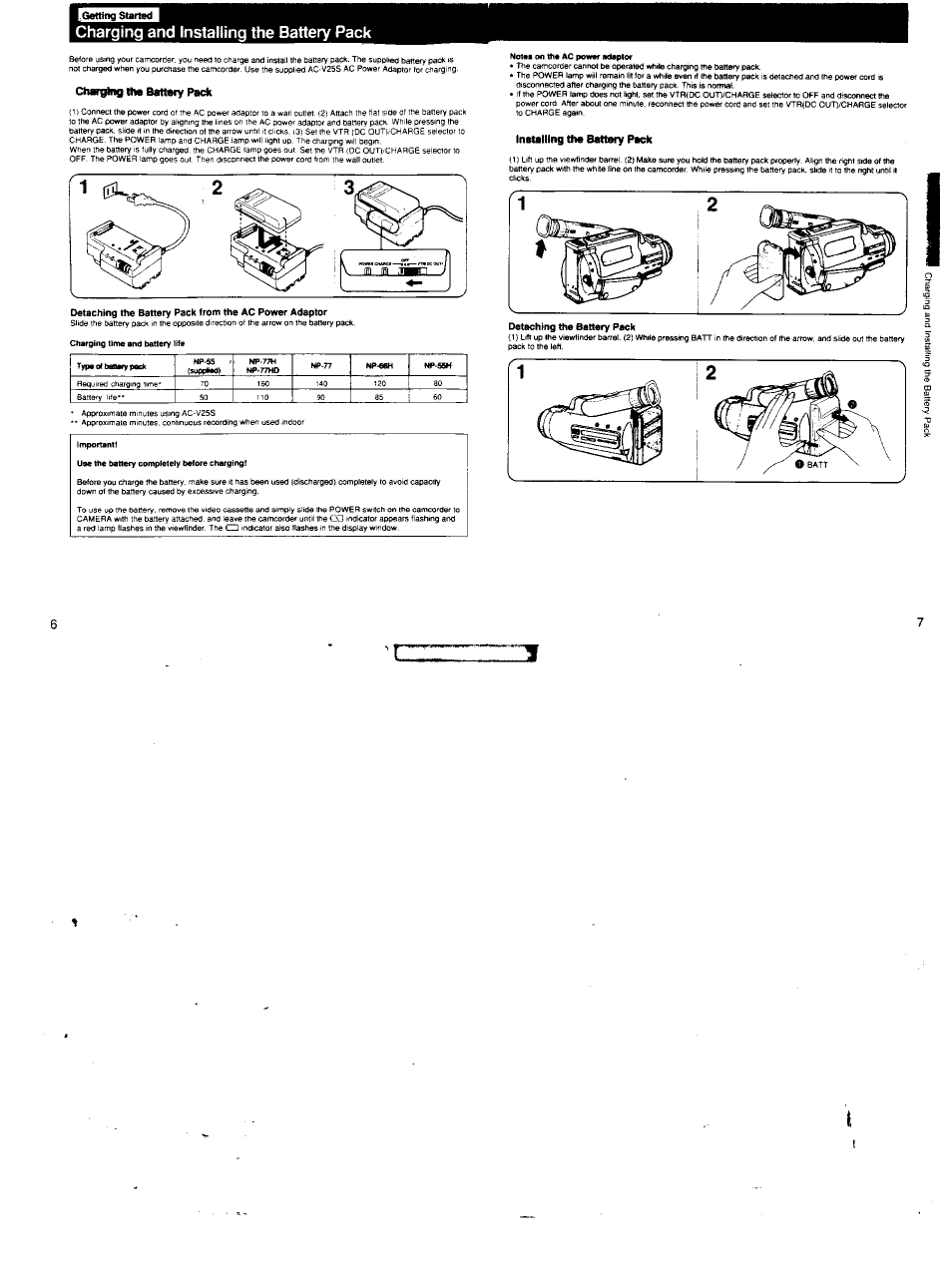 Charging and installing the battery pack | Sony CCD-FX620 User Manual | Page 4 / 28