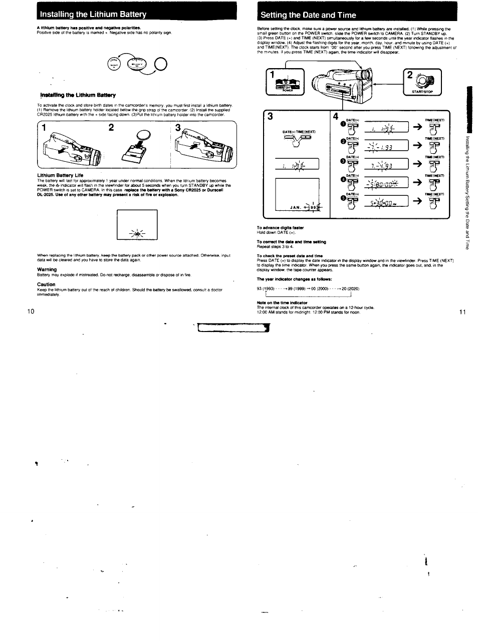 Installing the lithium battery, Setting the date and time | Sony CCD-FX620 User Manual | Page 6 / 28