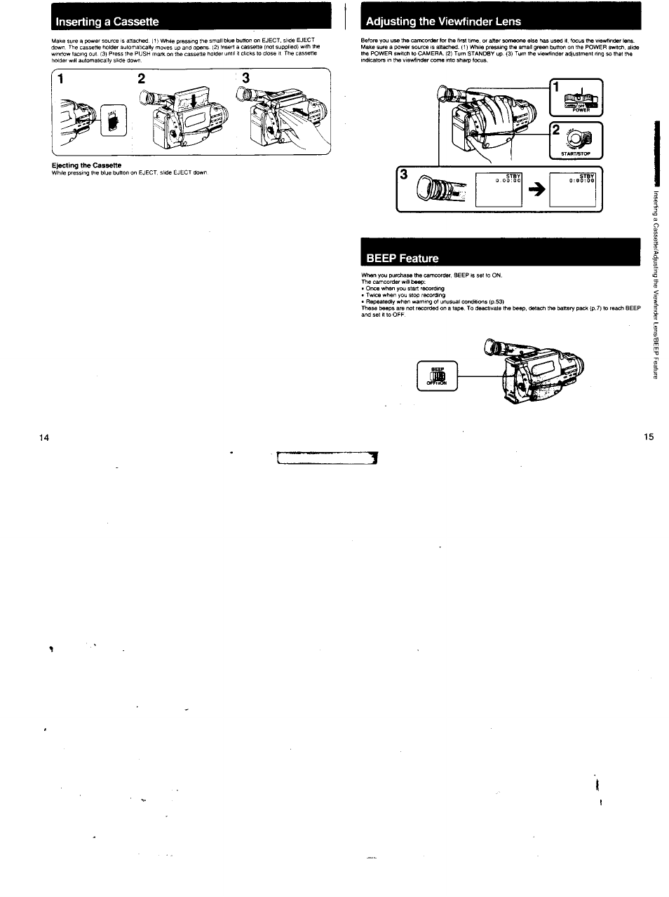 Adjusting the viewfinder lens, Beep feature, Inserting a cassette | Sony CCD-FX620 User Manual | Page 8 / 28