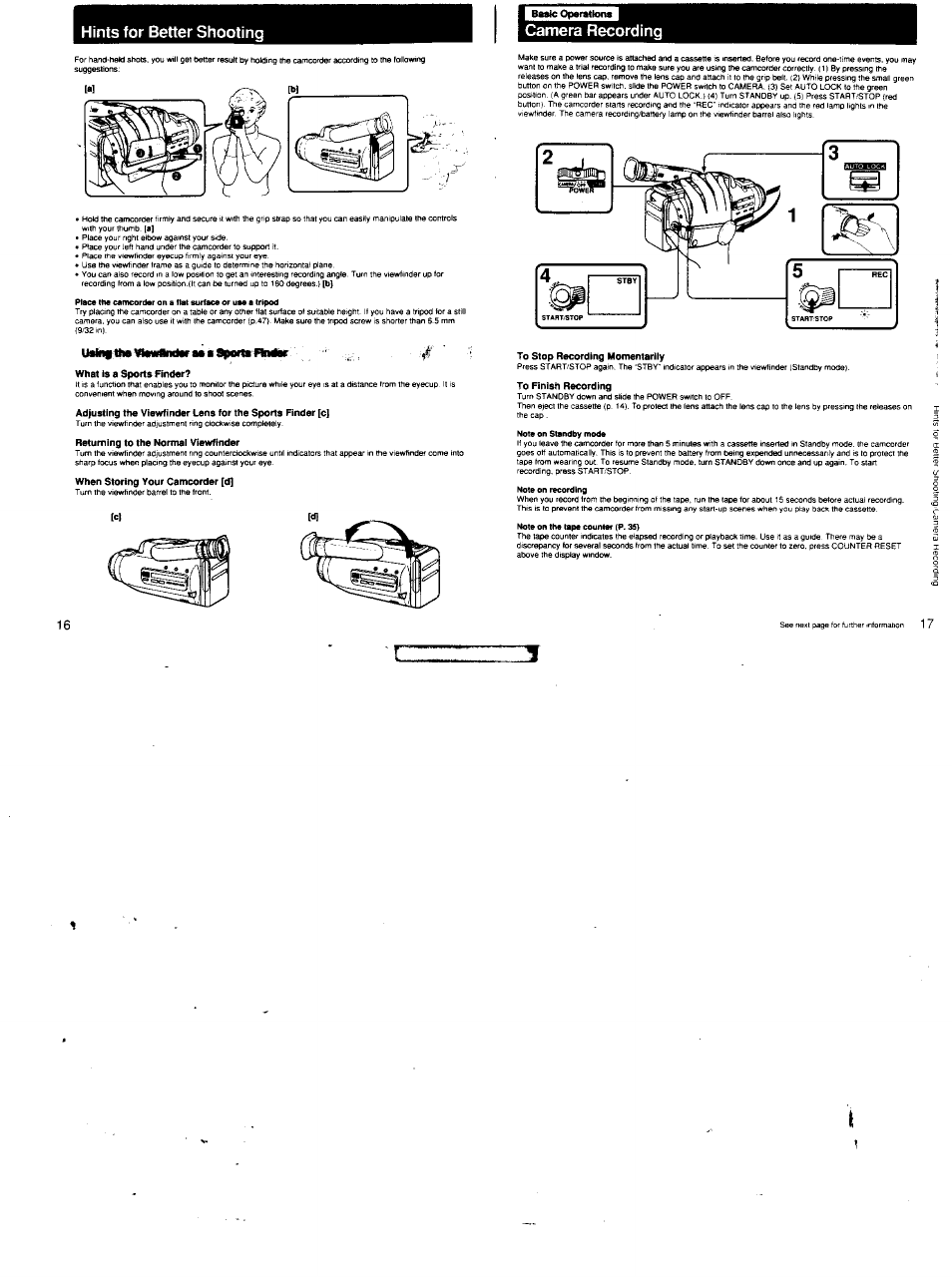 Hints for better shooting, Camera recording | Sony CCD-FX620 User Manual | Page 9 / 28