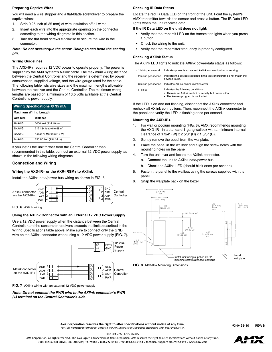 Preparing captive wires, Wiring guidelines, Connection and wiring | Wiring the axd-ir+ or the axr-irsm+ to axlink, Checking ir data status, Checking axlink status, Mounting the axd-ir | AMX AXD-IR+ User Manual | Page 2 / 2