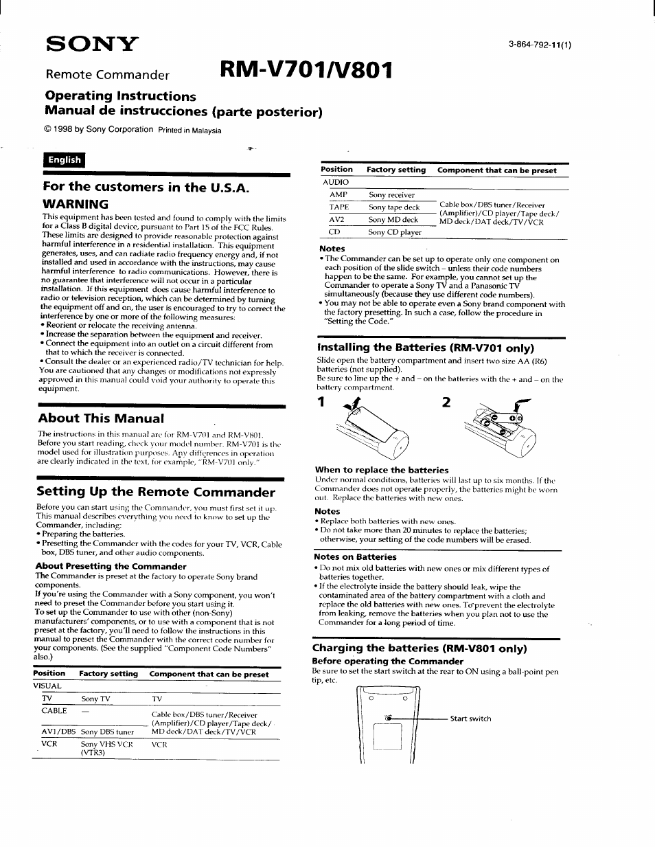 Sony RM-V701 User Manual | 12 pages