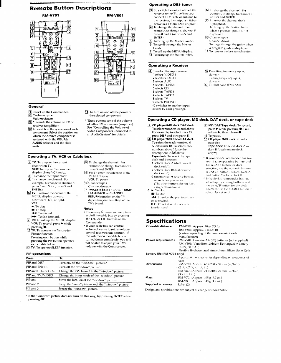 Rm-v701, Rm-v801, General | Operating a dbs tuner, Operating a receiver, Specifications, Remote button descriptions | Sony RM-V701 User Manual | Page 4 / 12