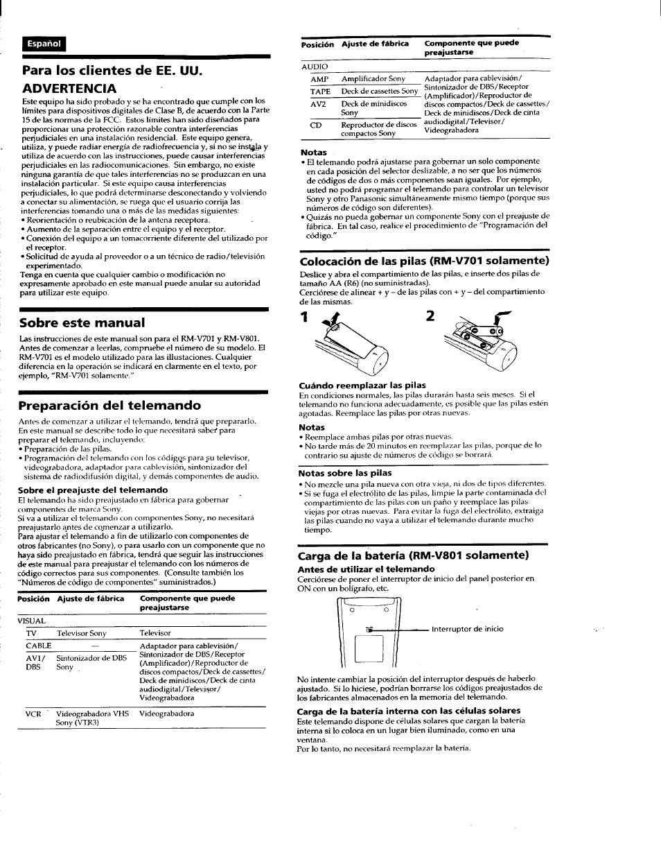 Español, Para los clientes de ee. uu. advertencia, Sobre este manual | Preparación del telemando, Sobre ei preajuste del telemando, Notas, Colocación de las pilas (rm-v701 solamente), Notas sobre las pilas, Carga de la batería (rm-v801 solamente), Antes de utilizar el telemando | Sony RM-V701 User Manual | Page 5 / 12