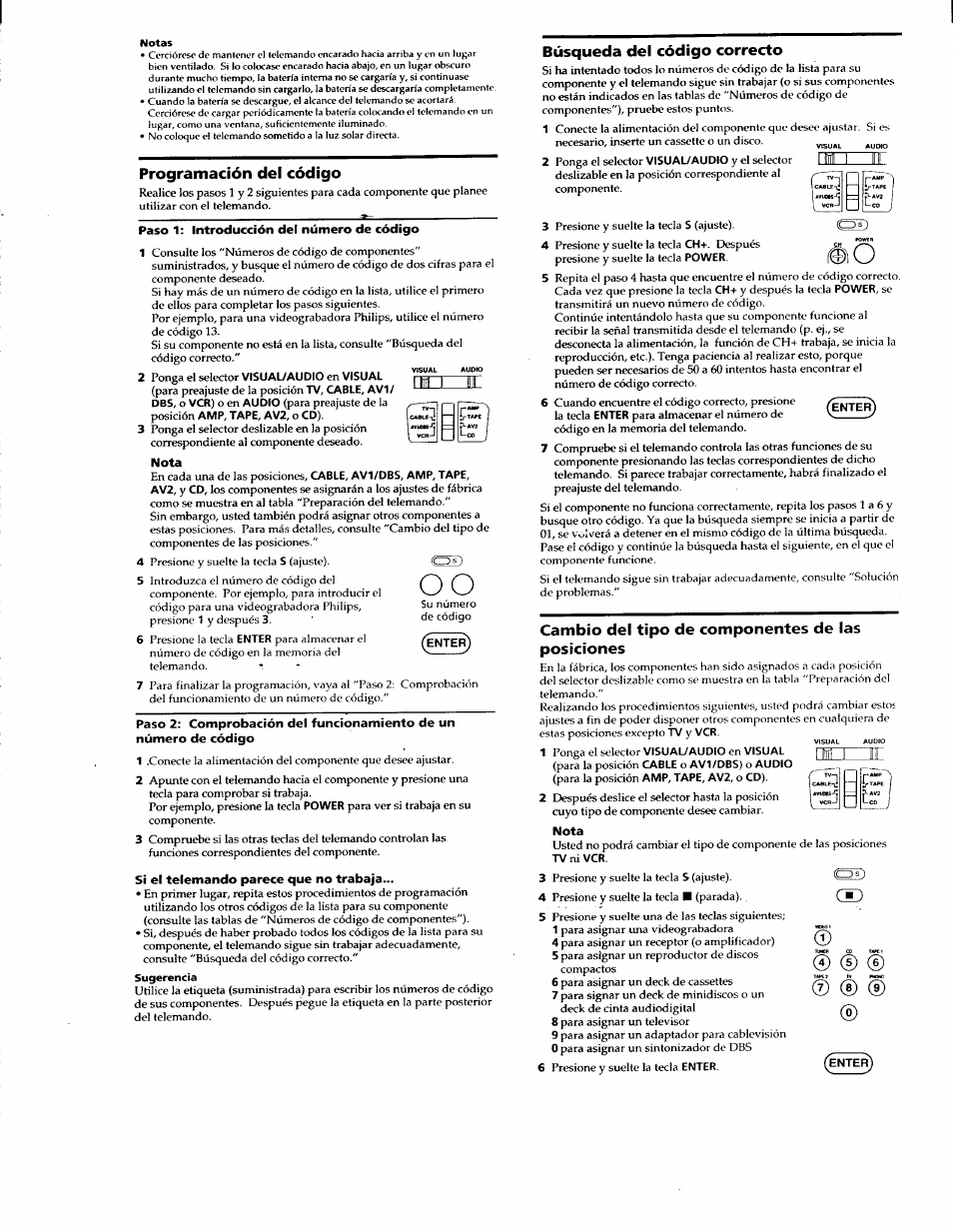 Programación del código, Paso 1 : introducción del número de código, Nota | Si el telemando parece que no trabaja, Búsqueda del código correcto, Cambio del tipo de componentes de las posiciones, N r 1 i l l, Nr 1 iii | Sony RM-V701 User Manual | Page 6 / 12