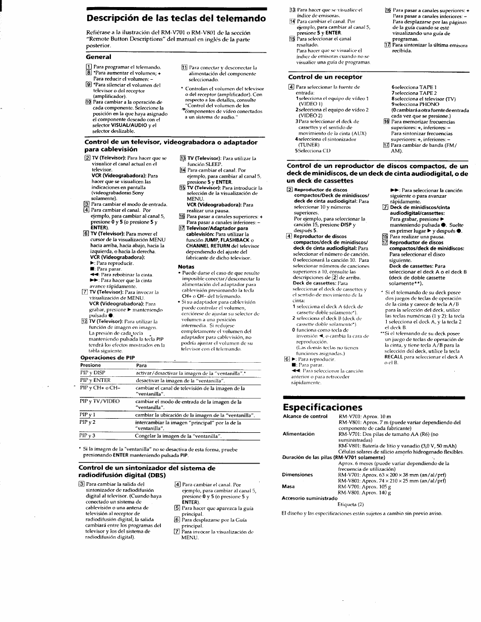 Control de un receptor, Especificaciones, Descripción de las teclas del telemando | Sony RM-V701 User Manual | Page 8 / 12