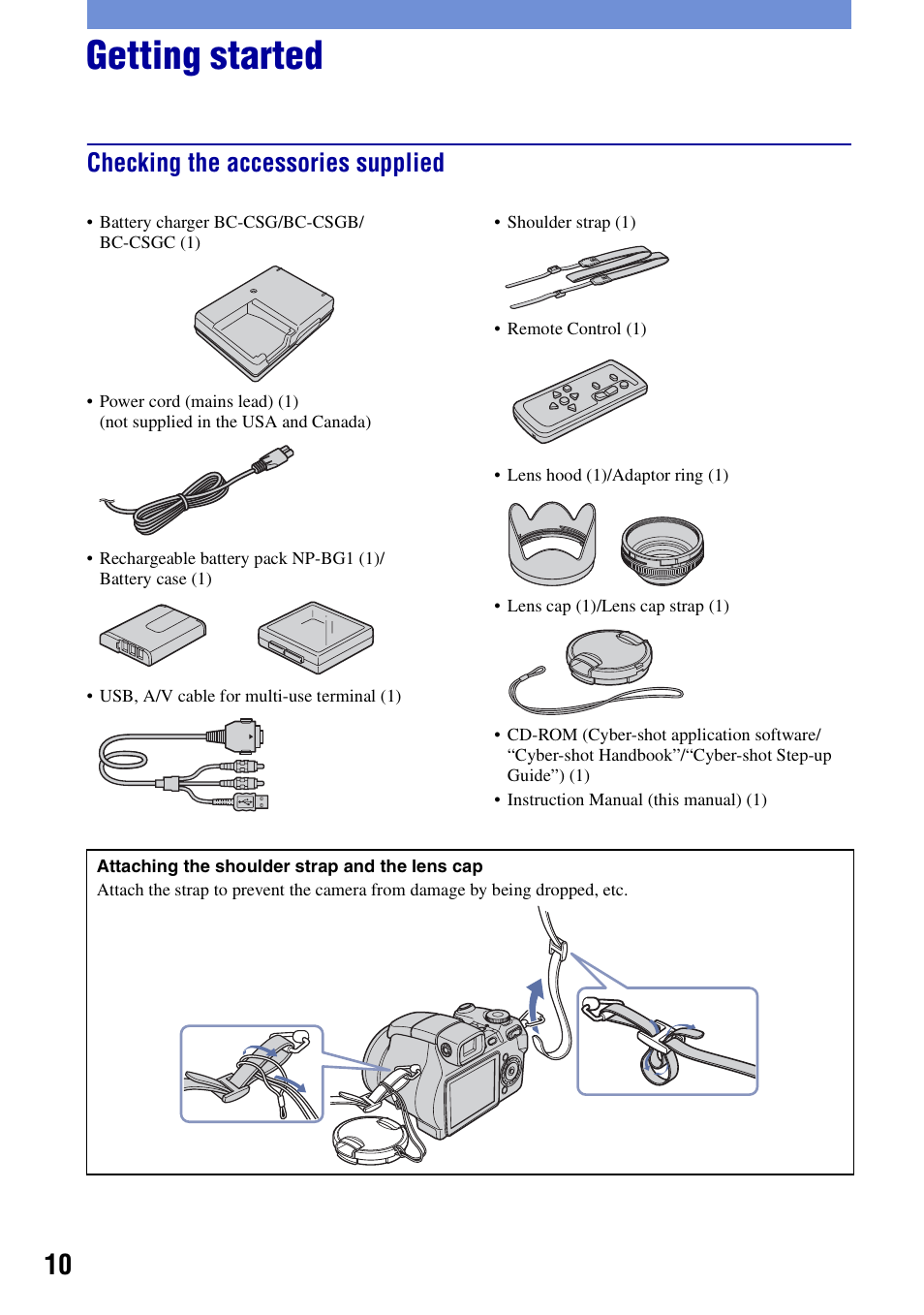 Getting started, Checking the accessories supplied | Sony DSC-H7 User Manual | Page 10 / 40