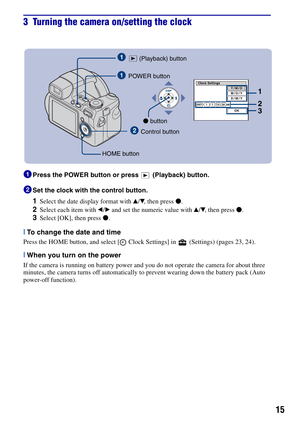 3 turning the camera on/setting the clock | Sony DSC-H7 User Manual | Page 15 / 40