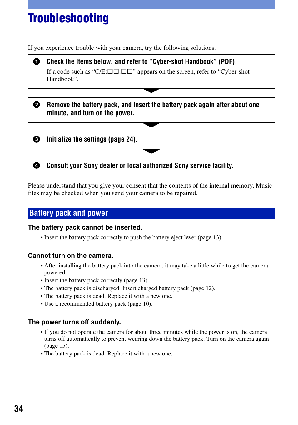 Troubleshooting, Battery pack and power | Sony DSC-H7 User Manual | Page 34 / 40