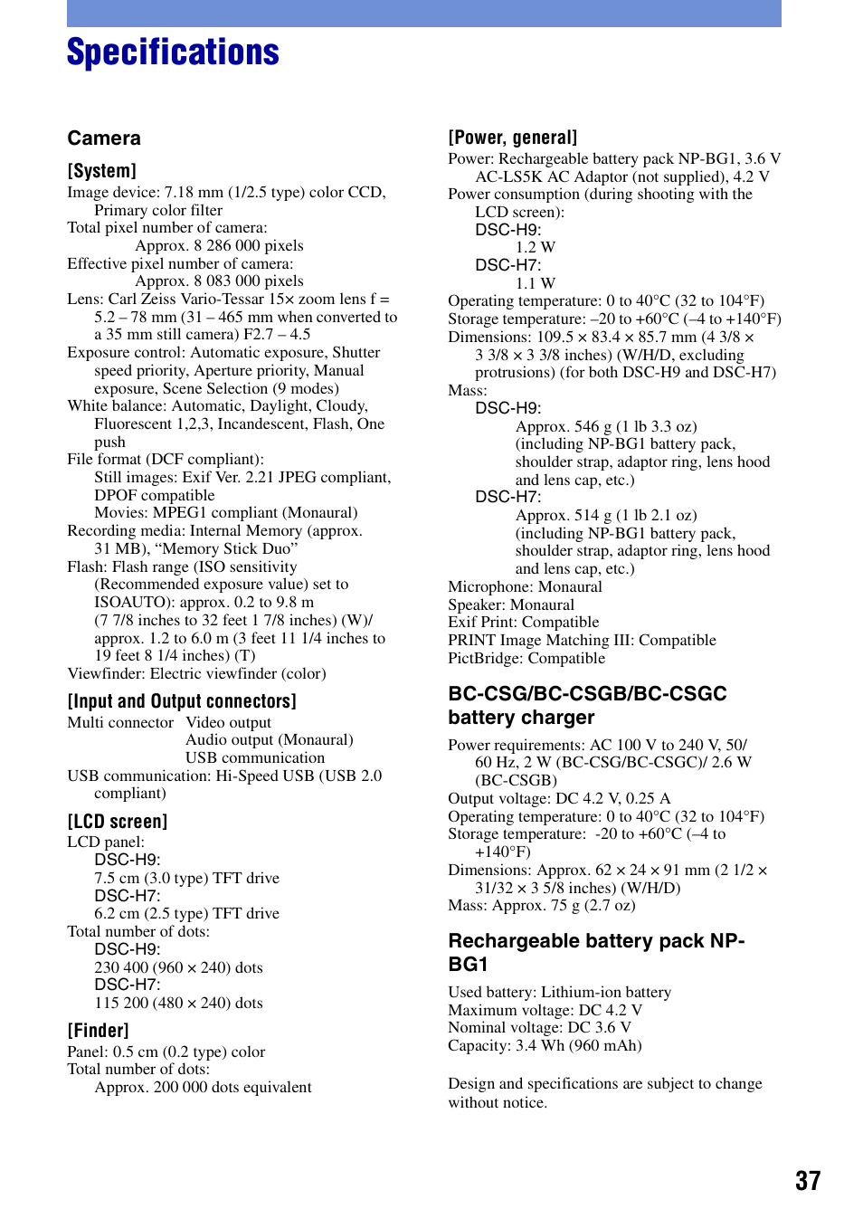 Specifications | Sony DSC-H7 User Manual | Page 37 / 40