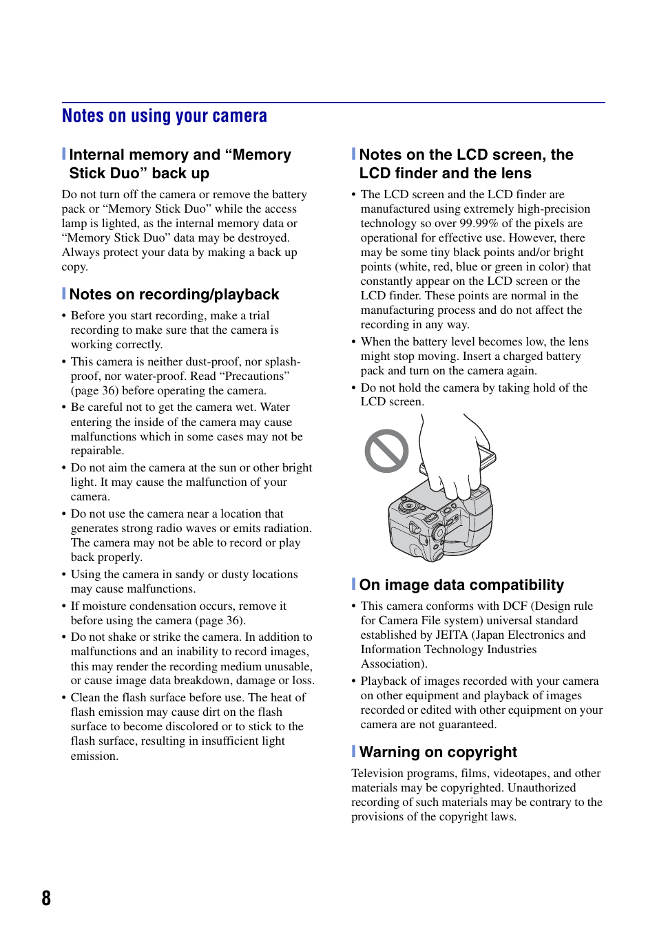 Notes on using your camera | Sony DSC-H7 User Manual | Page 8 / 40
