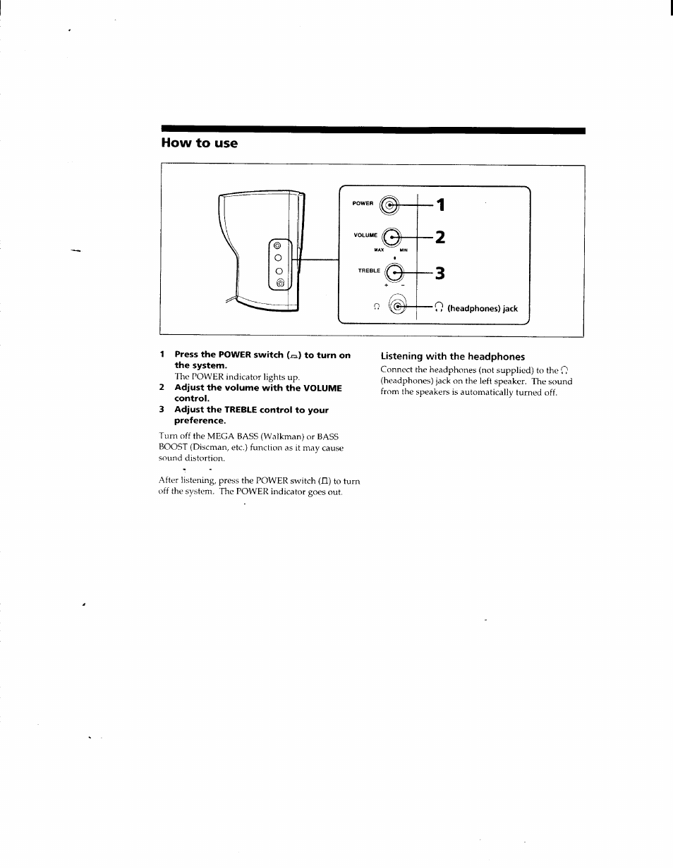 2 adjust the volume with the volume control, 3 adjust the treble control to your preference, How to use | Listening with the headphones | Sony SRS-PC51 User Manual | Page 4 / 6