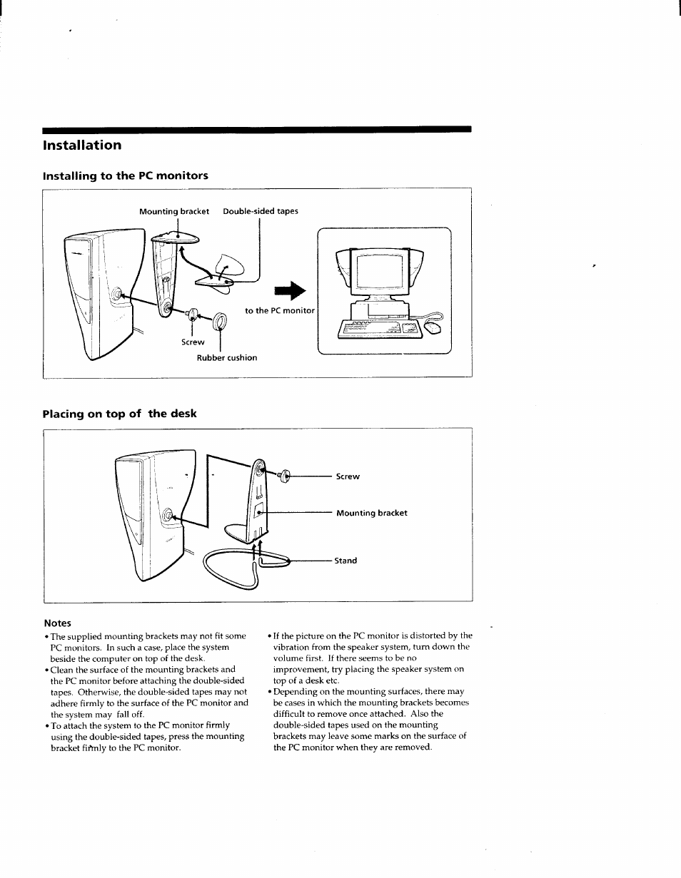 Installation, Installing to the pc monitors, Placing on top of the desk | Sony SRS-PC51 User Manual | Page 5 / 6